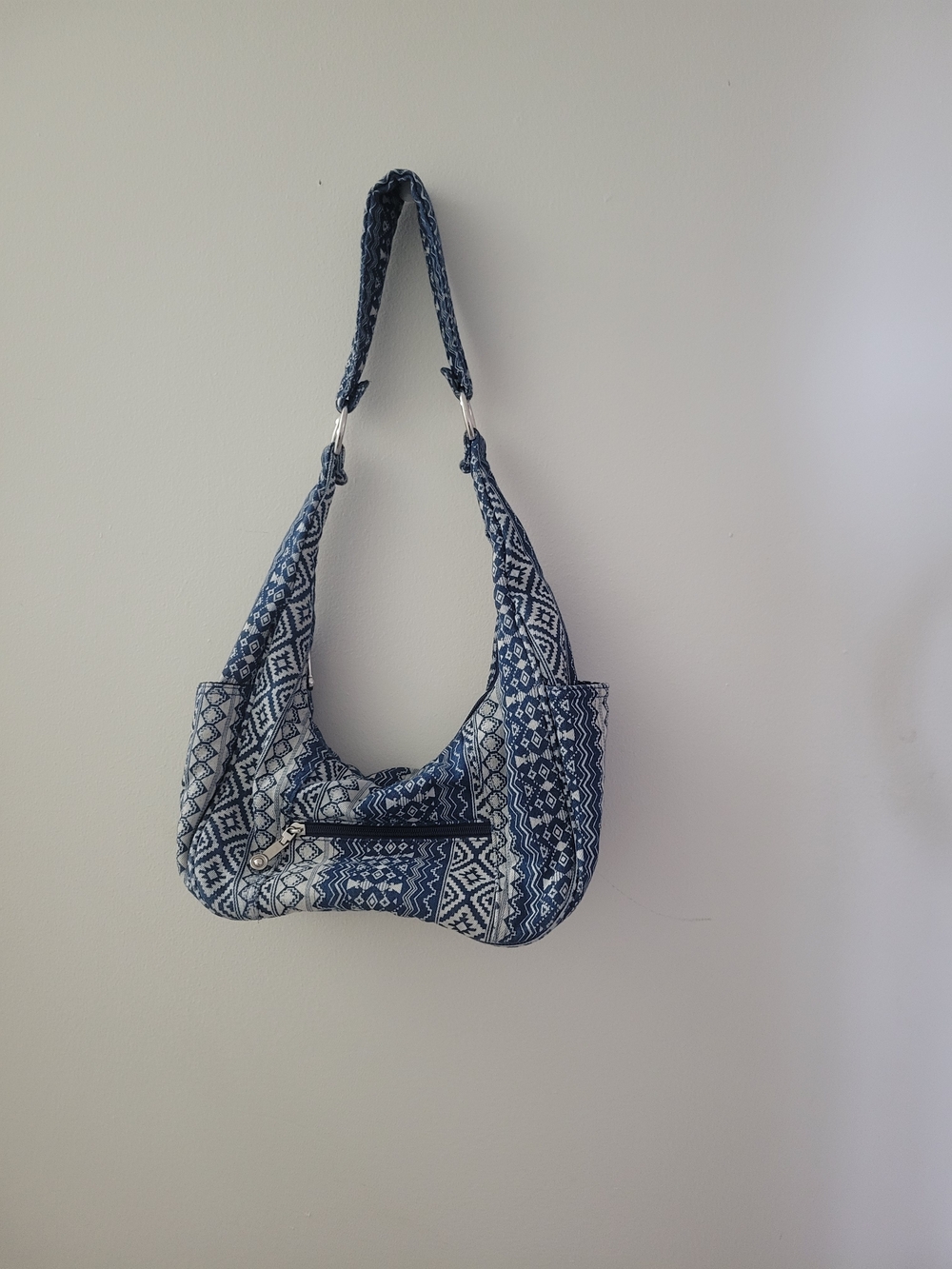 Blue Patterned Woven Hobo Shoulder Bag